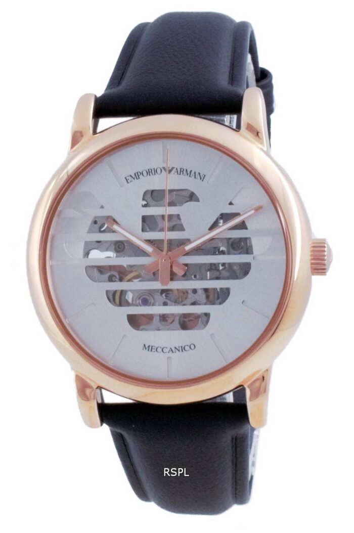 Emporio Armani Meccanico Skeleton Silver Dial Black Leather Strap Watch For Men - AR60031 - Image 5